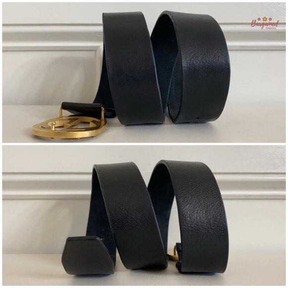 Authentic Gucci Black Leather Gold Studded Interlocking G Buckle Belt Size 80/32 - Picture 8 of 13